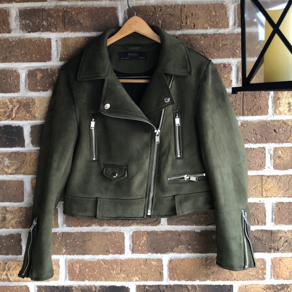 ZARA Basic Green Suede Effect Cropped Biker Jacket Authentic Designer Wear - Picture 4 of 9
